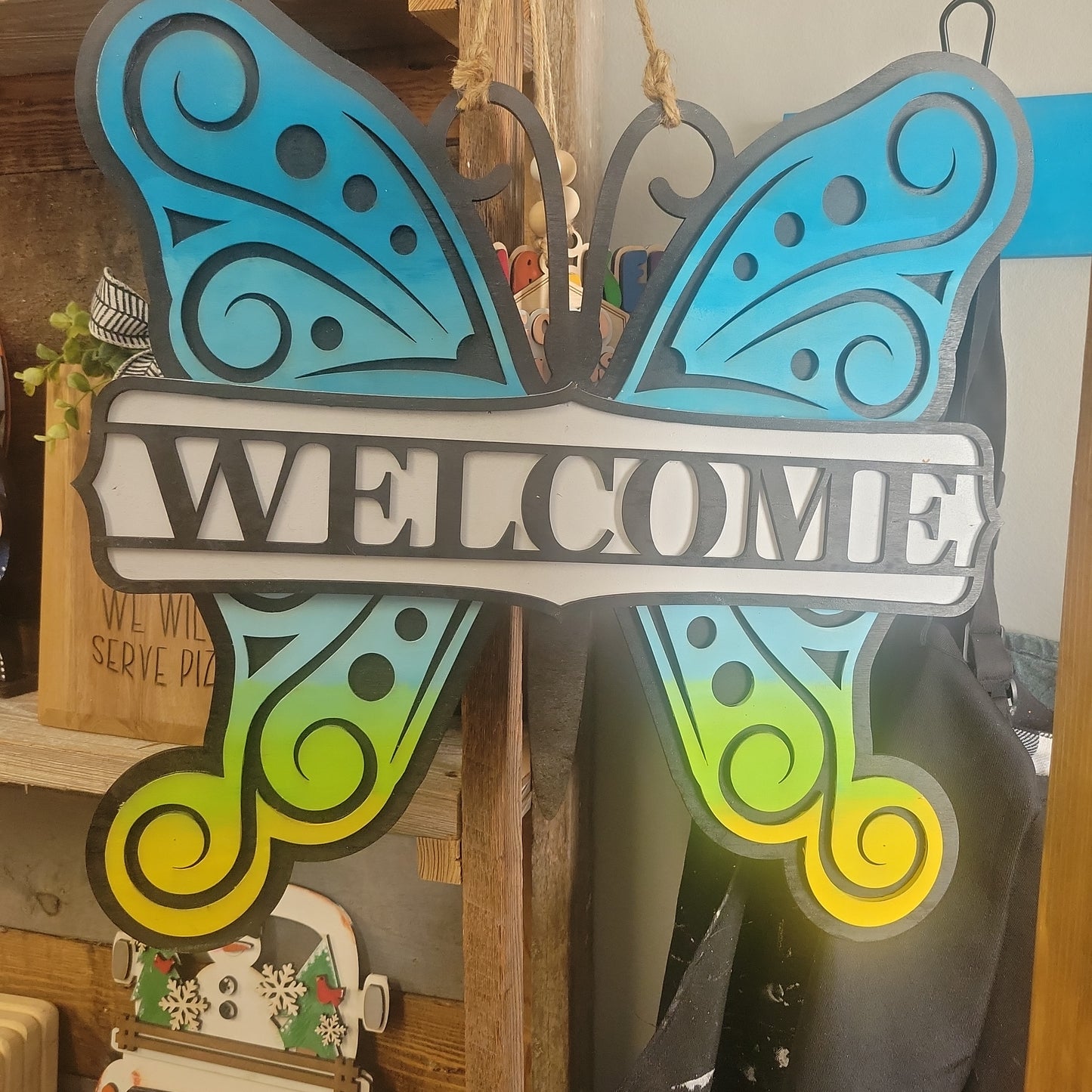 Butterfly Welcome Doorhanger- blue green
