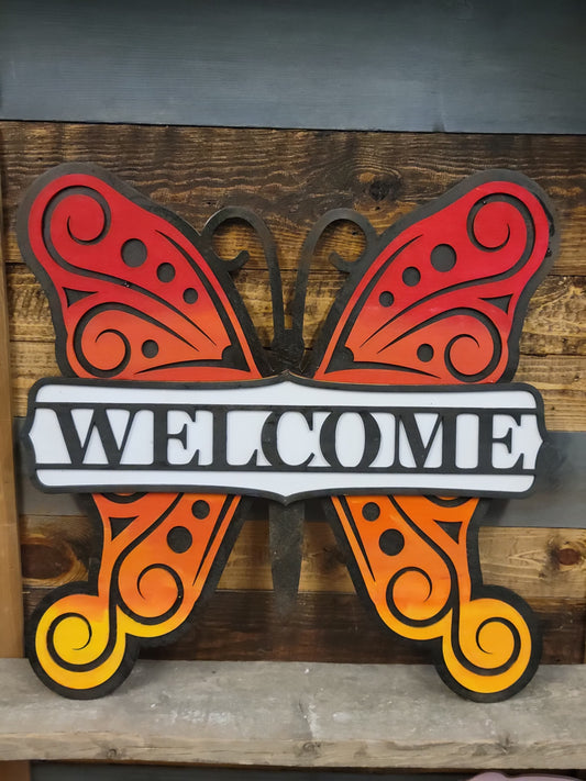Butterfly Welcome Doorhanger- Orange and Red