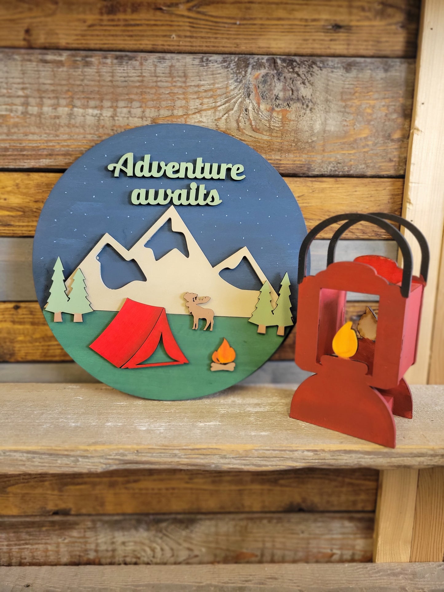 Adventure Awaits Sign and Small Lantern