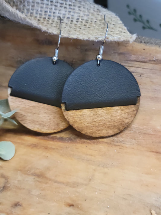 Round wood and Black Leather Round Earrings