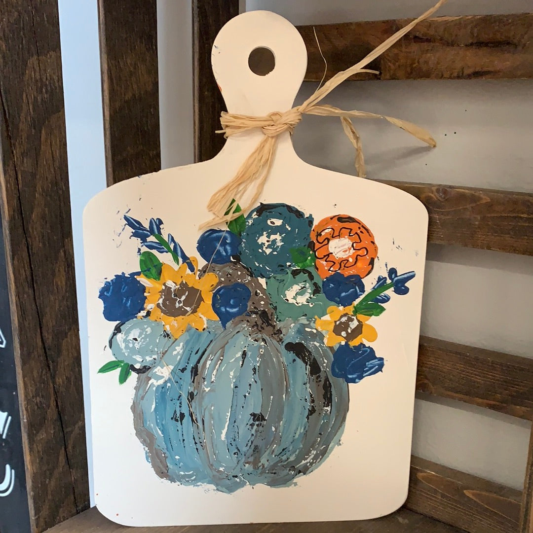 Hand painted blue pumpkin with flowers